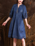 Ethnic Style Embroidery Women's V Neck Puff Sleeve Denim Dress