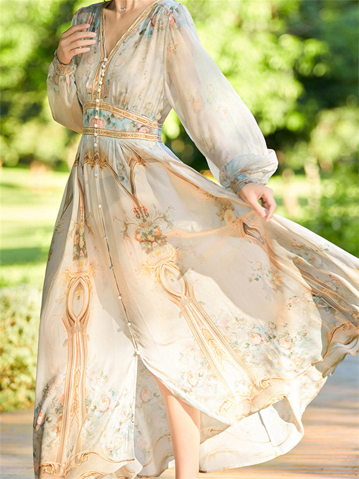 Women's Elegant Mulberry Silk Print V-Neck Holiday Maxi Dresses