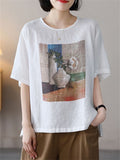 Summer Casual Cotton Linen Painting Print Round Neck T-shirt for Women