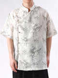 Summer Men's Slant Placket Bamboo Print Short Sleeve Shirts