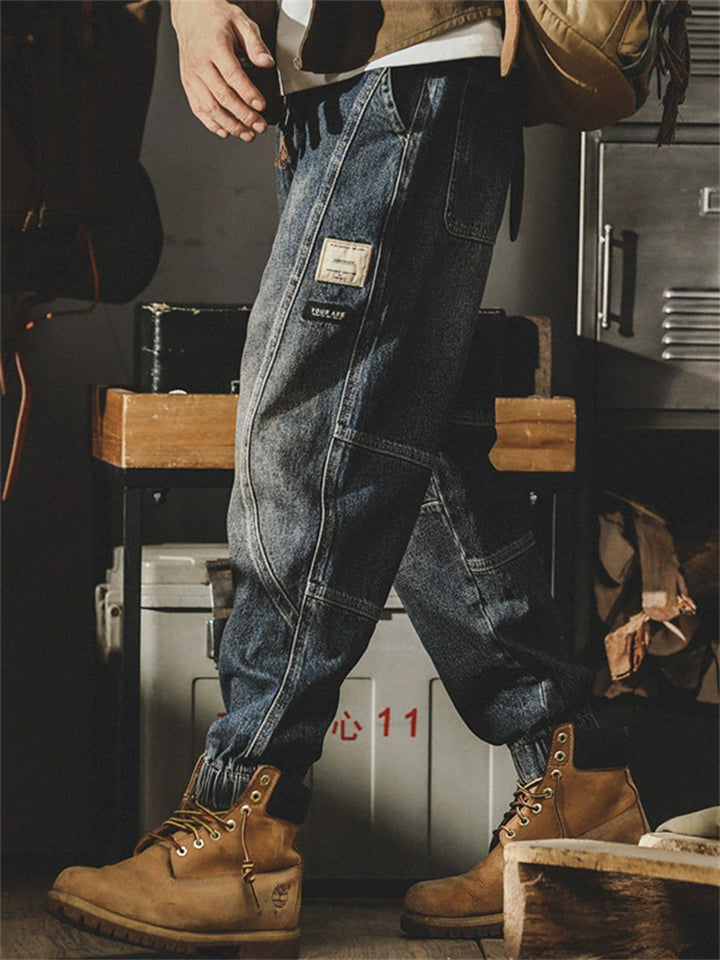‌Men's Loose Fit Retro Denim Pants with Utility Pockets