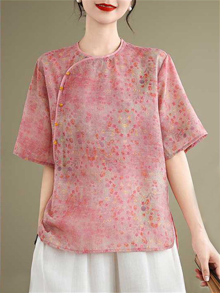 Chinese Style Linen Floral Print Round Neck Shirt for Lady