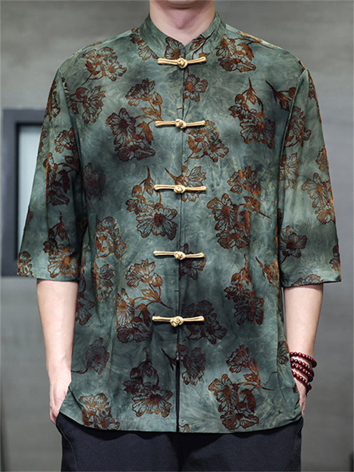 Chinese Style Print Frog Button Half Sleeve TangSuit Shirt for Men