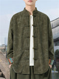‌Men's Chinese Style Printed Corduroy Stand Collar Buttons Jackets