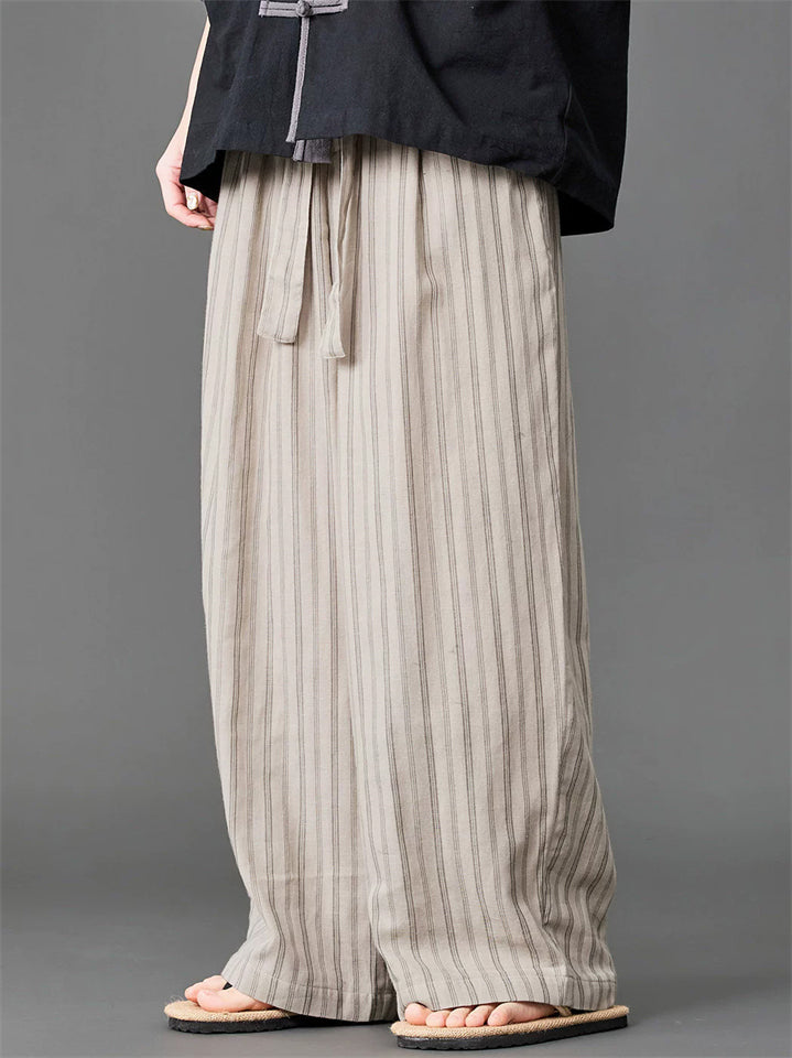 Mens Summer Vintage Chinese Zen Style Striped Wide Leg Lounge Pants