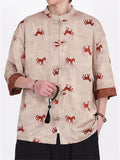 Men's Retro Horse Print Loose Fit Mandarin Collar Frog Button Shirts