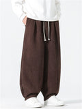Chinese Style Drawstring Corduroy Wide Leg Pants for Men with Elastic Waist