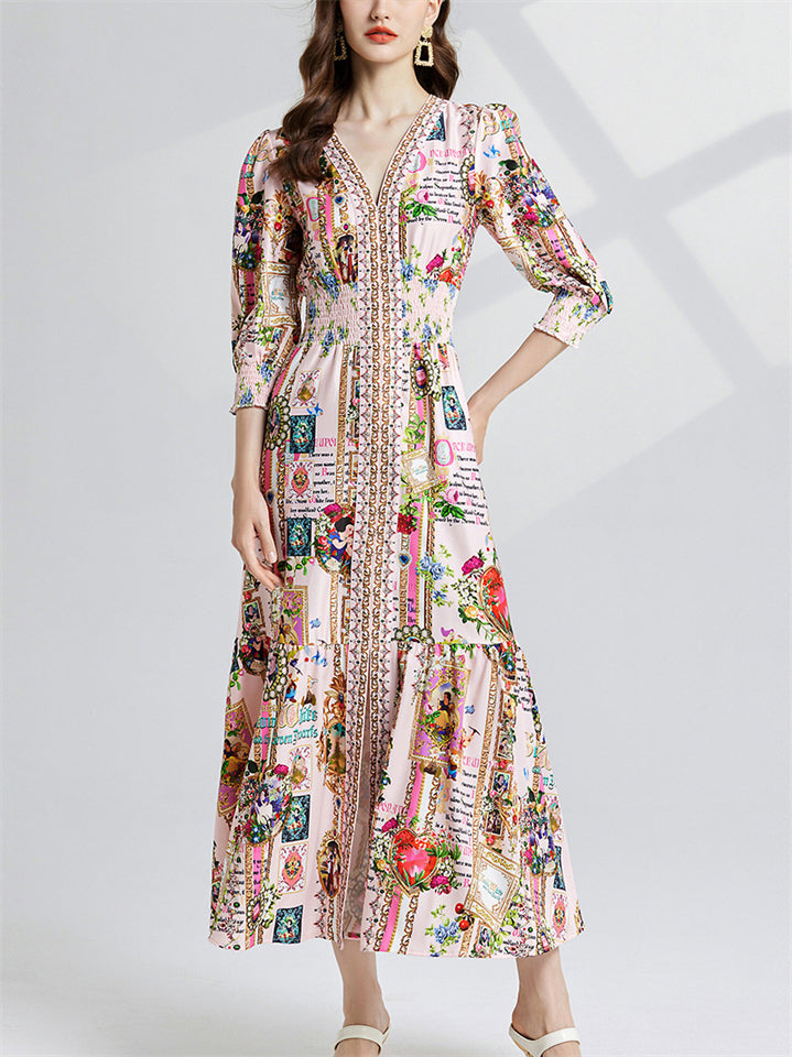 Women's Elegant V Neck 3/4 Sleeve Letter Floral Print Dress