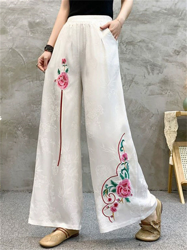 Women's Ethnic Style Flowers Embroidered Comfy High Rise Pants
