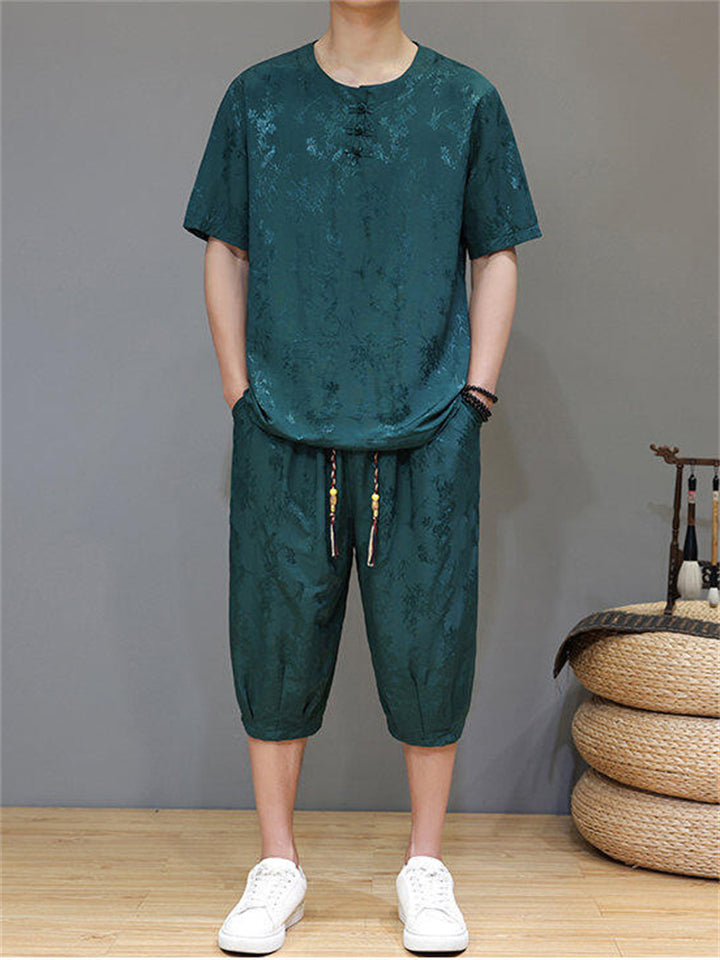 Men's 2Pcs Cool Casual Floral Print Quarter Button Round Neck TangSuit Outfits