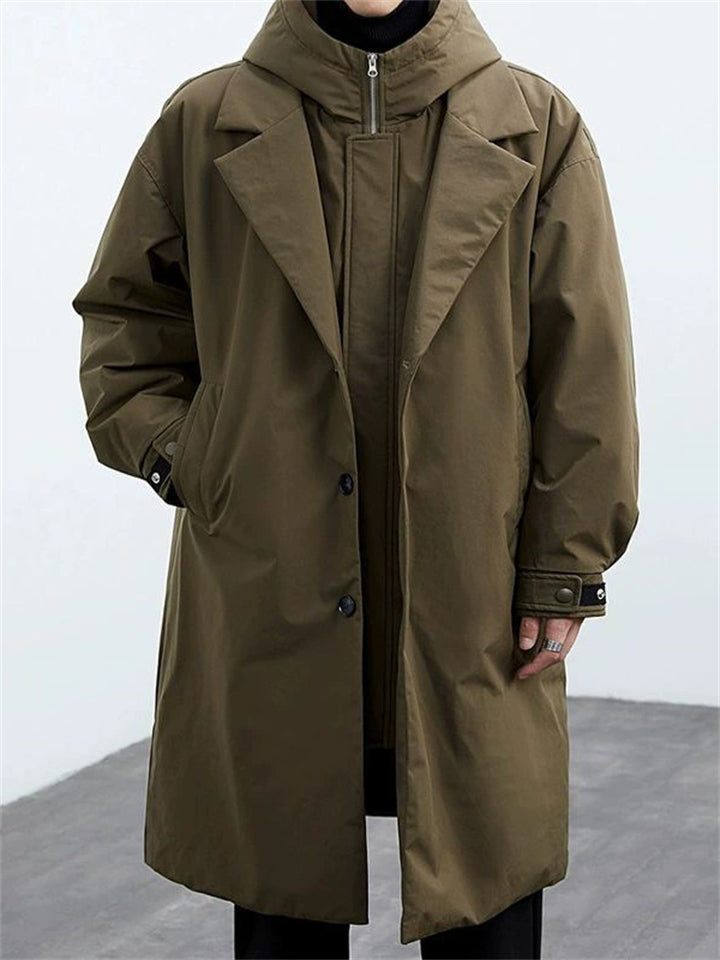 Men Autumn Hooded Trench Coat Button Zip Casual Windbreaker Overcoat