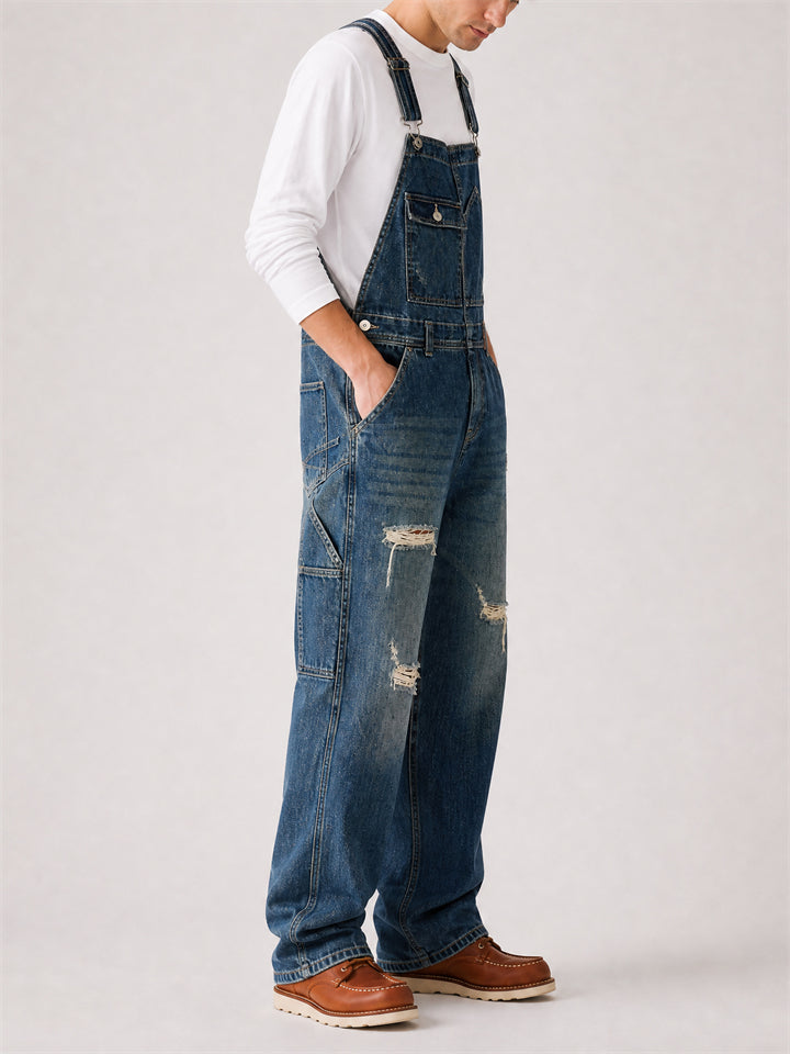 Men Blue Baggy Wide Leg Denim Overalls Distressed Carpenter Jumpsuit