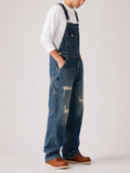 Men Blue Baggy Wide Leg Denim Overalls Distressed Carpenter Jumpsuit