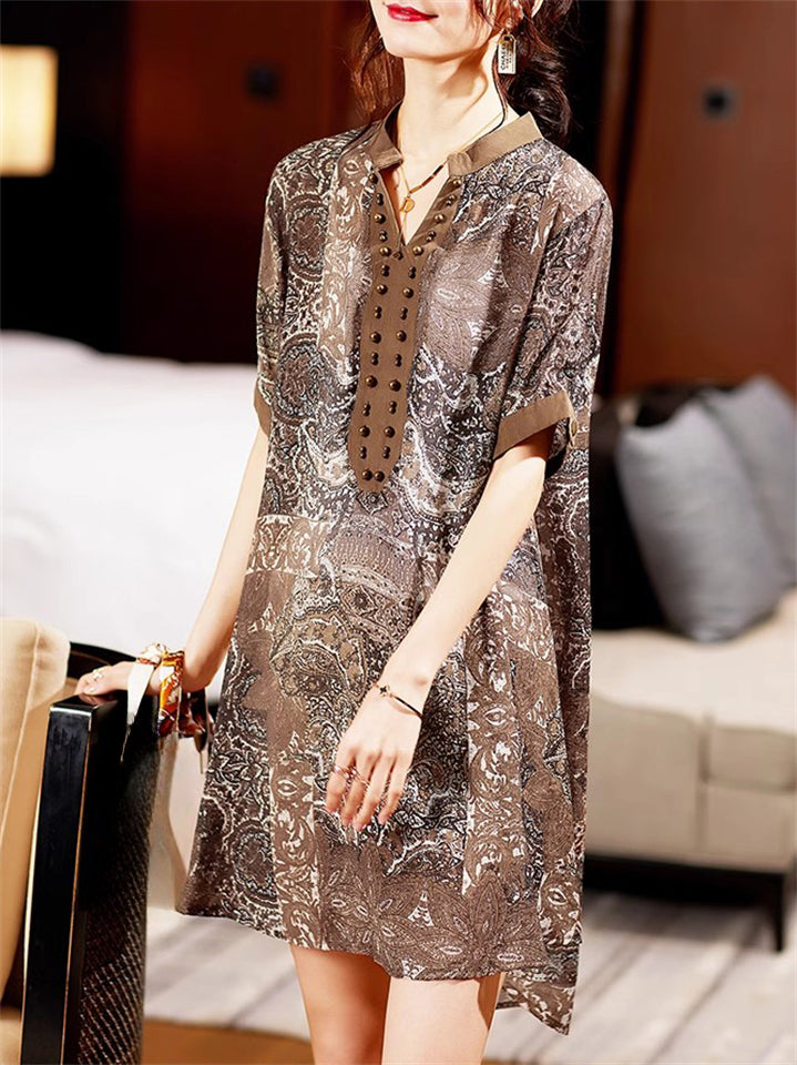 Summer V-neck Retro Printed Short-sleeve Beaded Shirt For Women