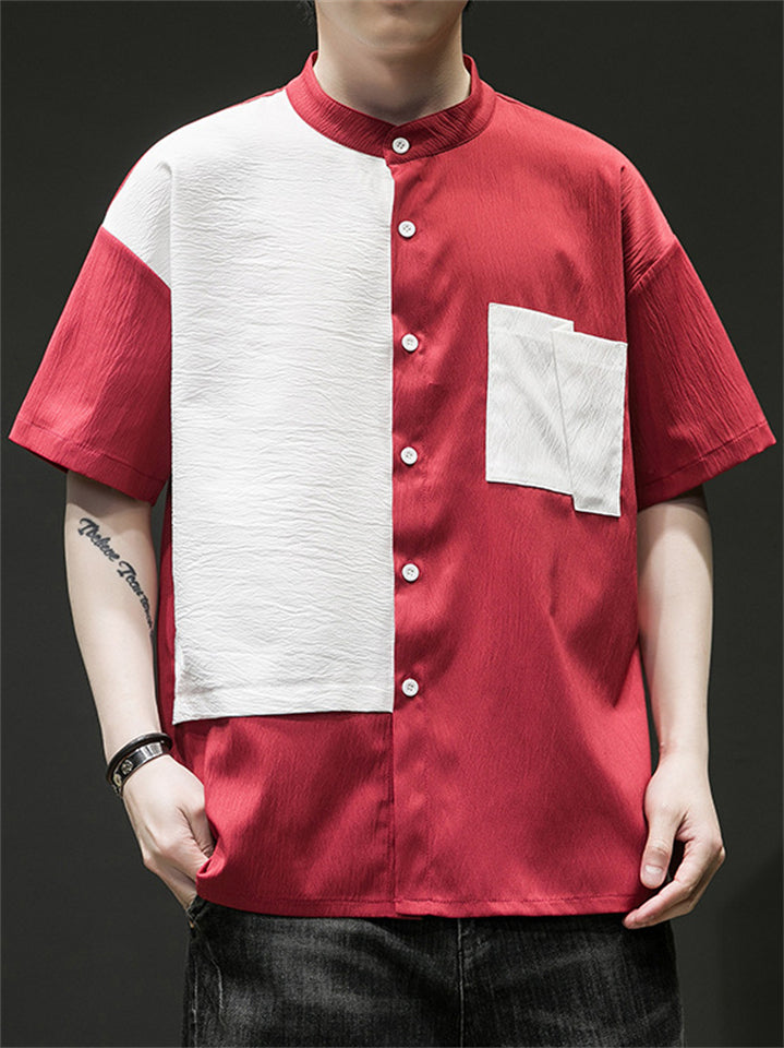 Men's Casual Patchwork Contrast Color Short Sleeve Shirts