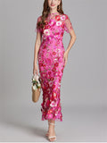 Elegant 3D Floral Embroidery Women's Sabrina Neckline Maxi Dress