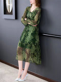 Women's Green Print V-Neck Long Sleeve Dress with Black Strappy Inner