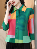 Female's One Size Elegant Striped Contrast Color Lapel 3/4 Sleeve Shirts