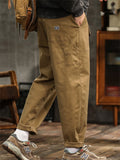 Men's Japanese Style Cotton Solid Color Pockets Straight Cargo Pants with Belt