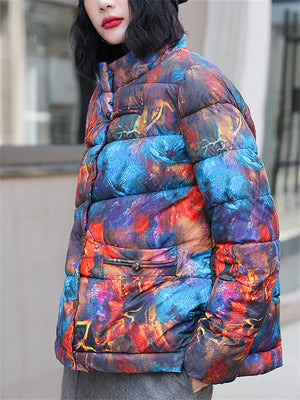 Women's Retro Print Stand Collar Long Sleeve Padded Coat