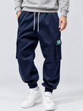 Men Fleeced Drawstring Elastic Waist Loose Fit Cargo Joggers Sweatpants