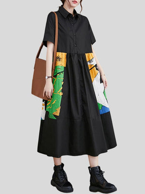 Chic Contrast Color Abstract Print Lapel Dress for Lady