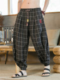 Chinese Style Men's Black Embroidered Plaid Pants