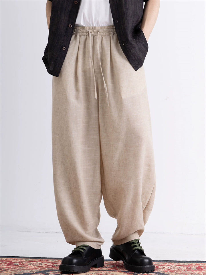 Mens Cotton Linen Wide Leg Pants Loose Fit Harem Trousers