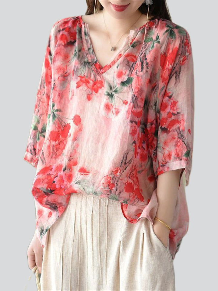 Beautiful Plum Blossom Print V Neck Short Sleeve Shirt for Women