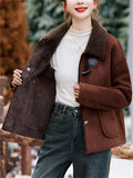 Women's Winter Vintage Contrast Trim Fleeced Faux Suede Long Sleeve Coats