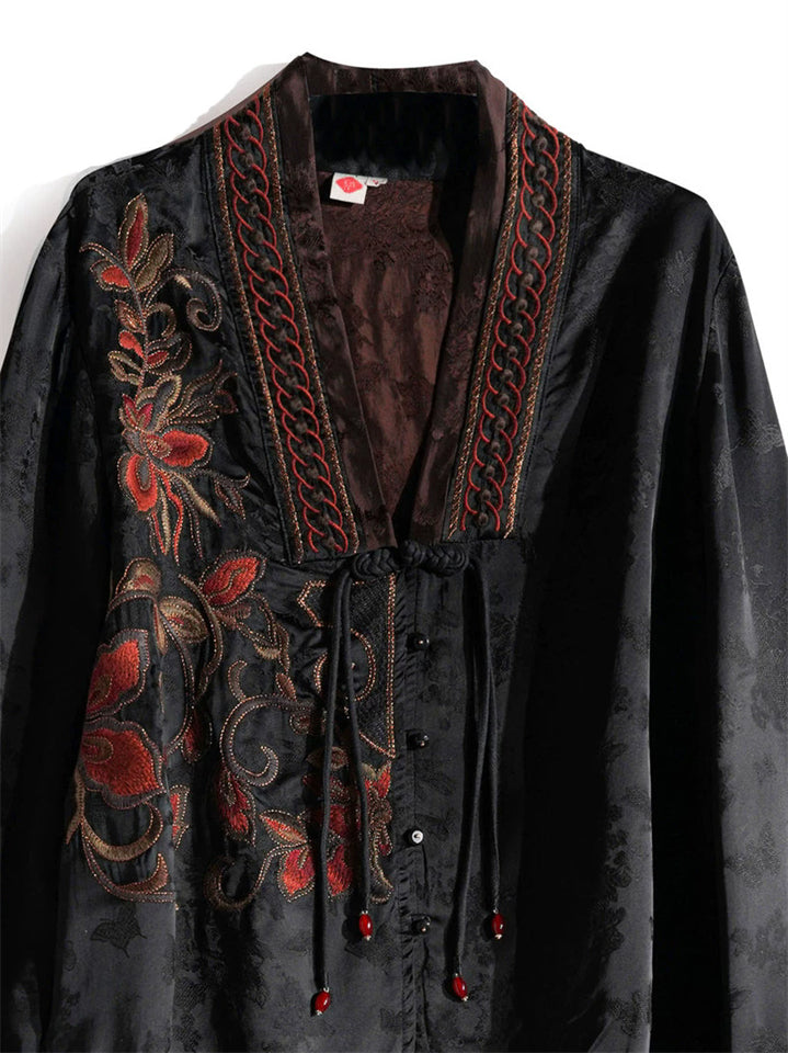 Ladies' Vintage Ethnic Style Floral Embroidery Frog Button Cardigan Jackets