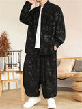 Oriental Corduroy Button Leaf Pattern Jacket  and Loose Drawstring Pants Set for Men