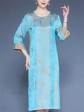 Women's Xiang Yunsha Mountain Print Contrast Trim O-neck 3/4 Sleeve Dress