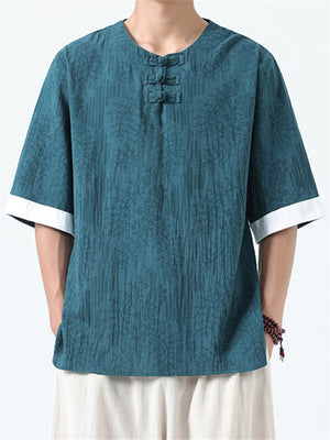 Men's Casual Chinese Style Print Round Collar Half Sleeve Shirt