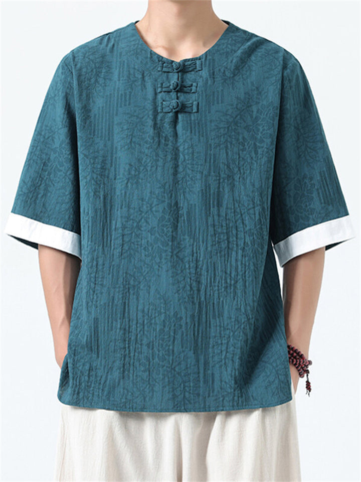 Men's Casual Chinese Style Print Round Collar Half Sleeve Shirt
