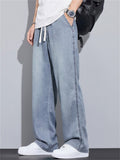 Men Wash Elastic Drawstring Waist Wide Leg Baggy Jeans