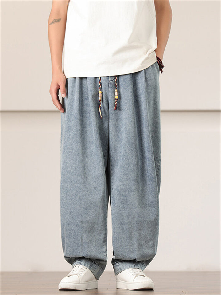 Men's Retro Solid Color Drawstring Loose Denim Pants