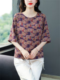 Female Elegant Summer Floral Print O-Neck Half Sleeve Shirt