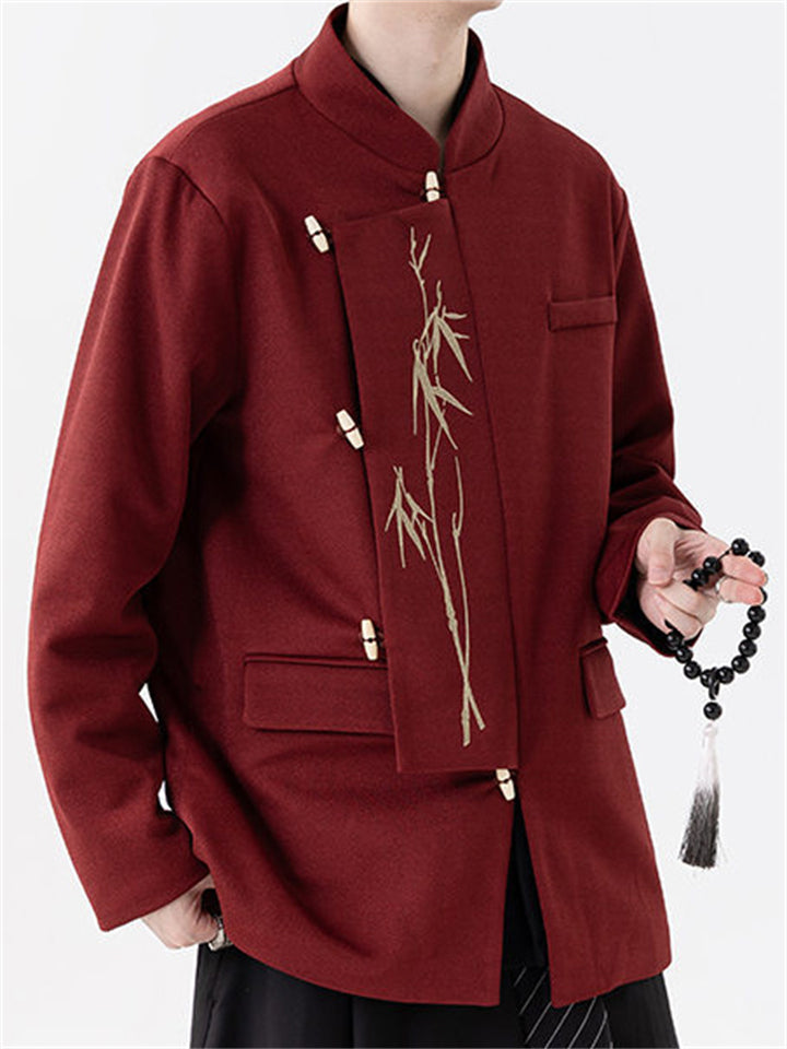Men's Autumn Golden Bamboo Embroidery Stand Collar Tangsuit Jackets