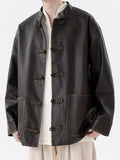 Men's Autumn Chinese Style Faux Leather Pockets Frog Button Coats