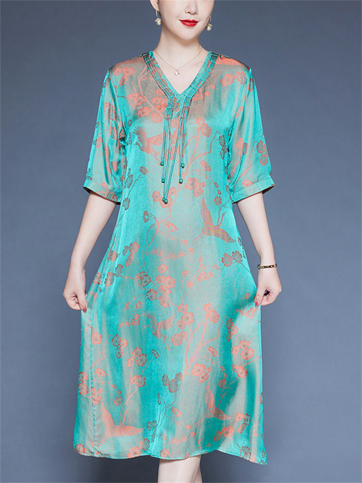 Women's Xiang Yunsha Birds Print Contrast Color V-neck Half Sleeve Dress