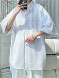 Summer Solid Color Pleated Button Up Half Sleeve Shirt for Men