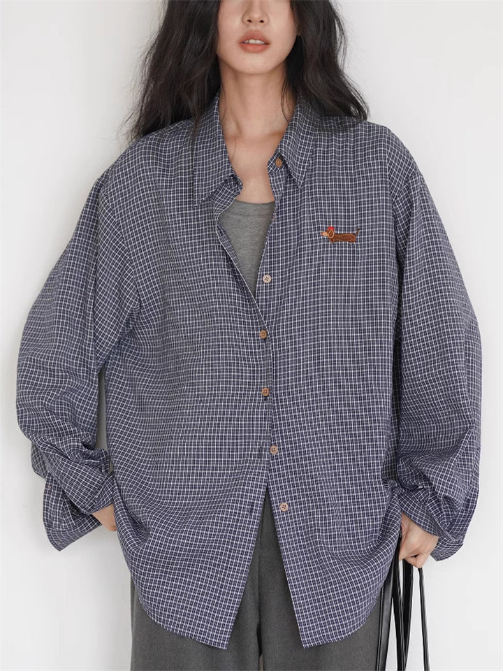 Women's Loose Blue Plaid Long Sleeve Shirts
