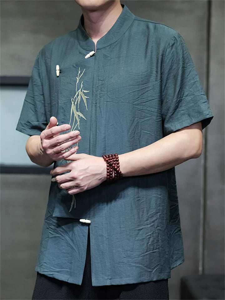 Men's Summer Chinese Style Bamboo Embroidery Mandarin Collar Shirts