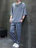 Men's 2Pcs Cool Casual Quarter Button Round Neck TangSuit Outfits