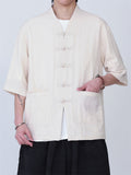 Men's Casual Simple Zen Style V Neck Frog Button Short Sleeve Shirts