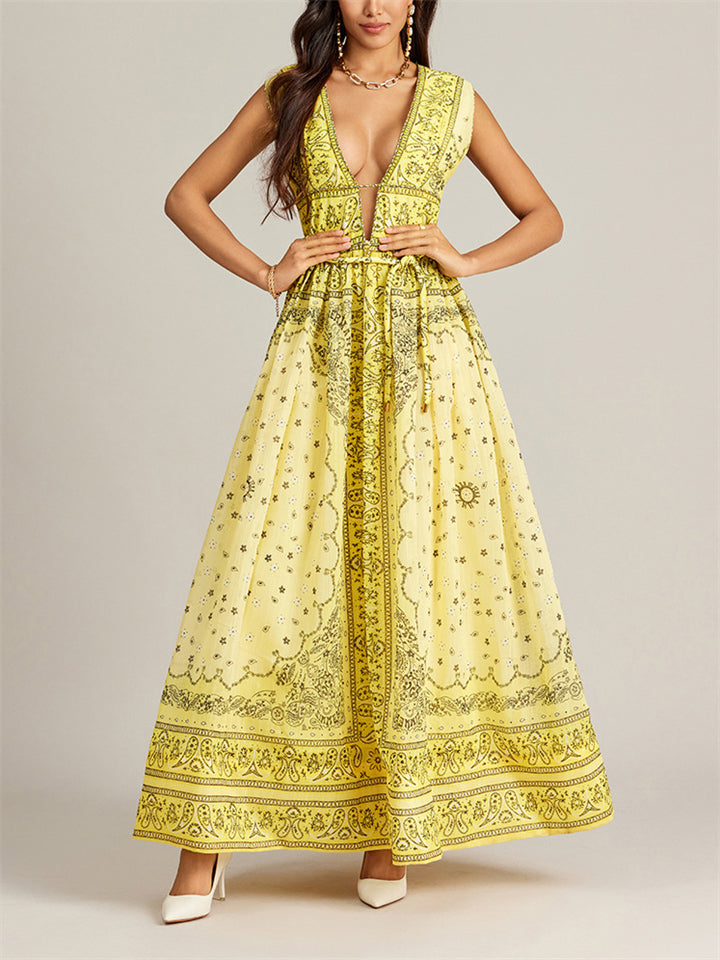 Ladies Sexy Retro Print Maxi Dress for Vacation