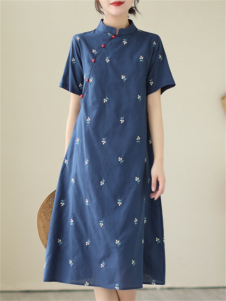Vintage Stand Collar Short Sleeve Embroidery Qipao for Women
