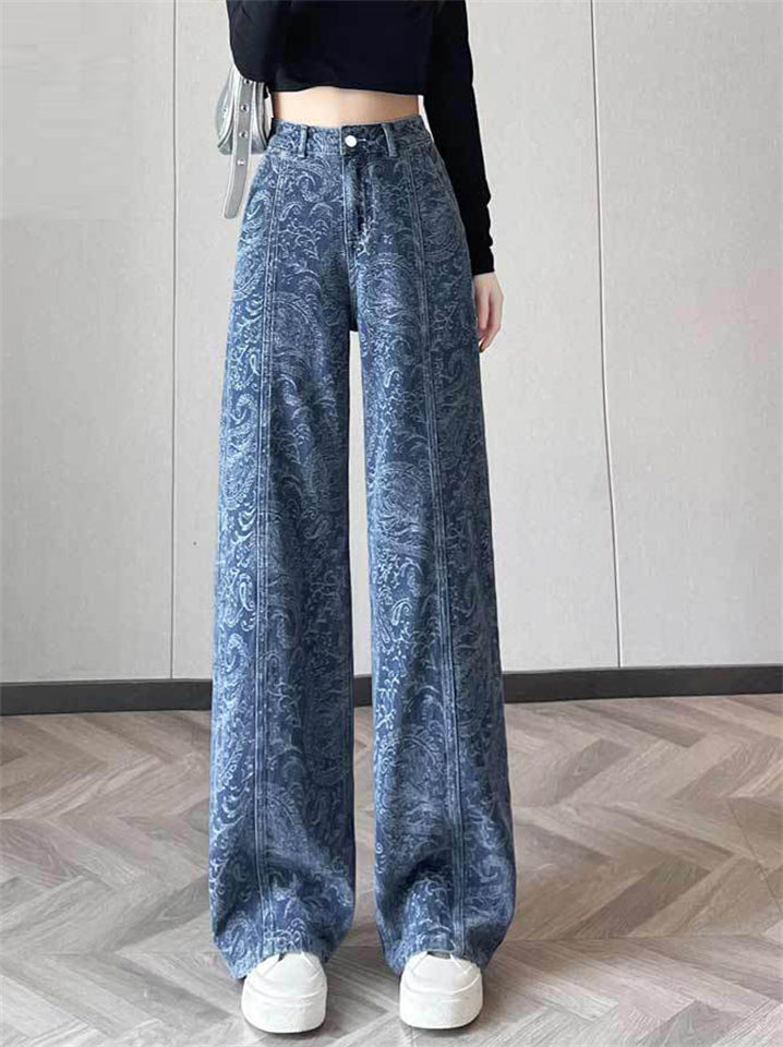 Women's Stylish Printed High Waist Wide Leg Denim Jeans