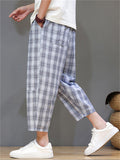 Men's Casual Drawstring Wide Leg Plaid Capri Pants